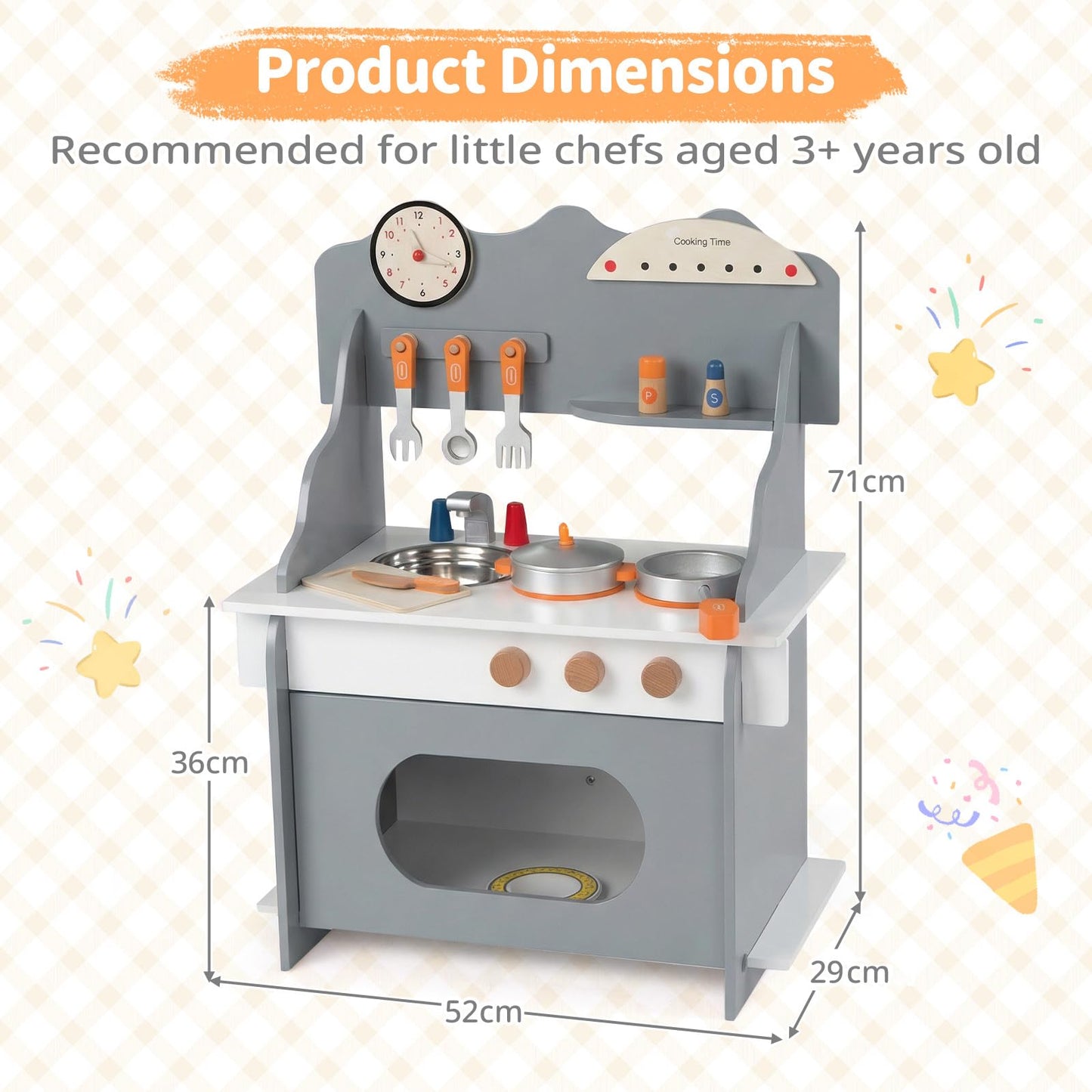 Pretend Play Toy Kitchen Set with Clock Stove Spice Rack for Aged 3+