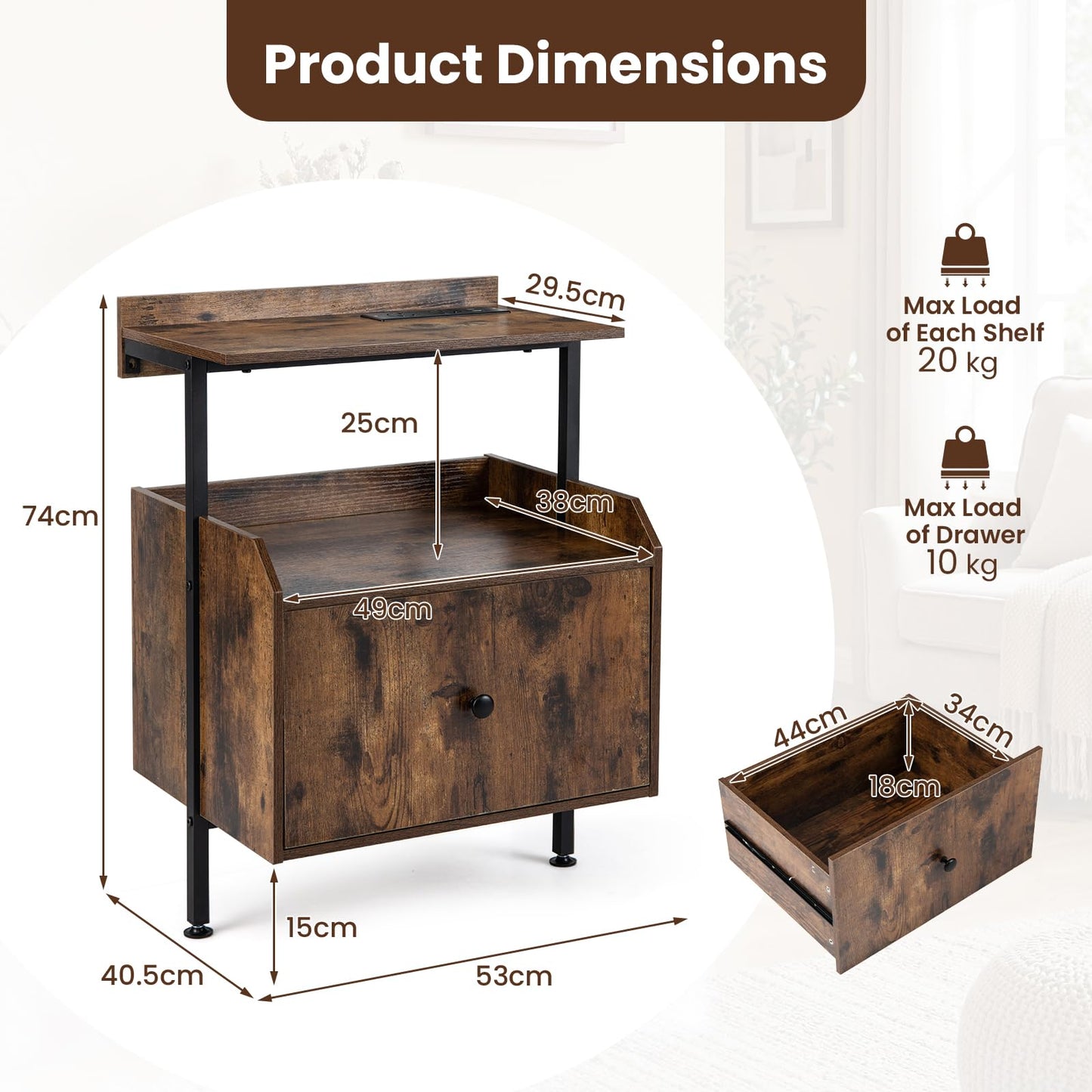 Nightstand Bedside Table with Charging Station and LED Light