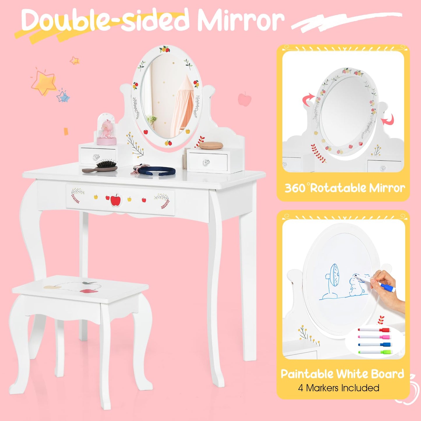 Princess Pretend Play Kids Vanity Set with 360° Rotating Mirror