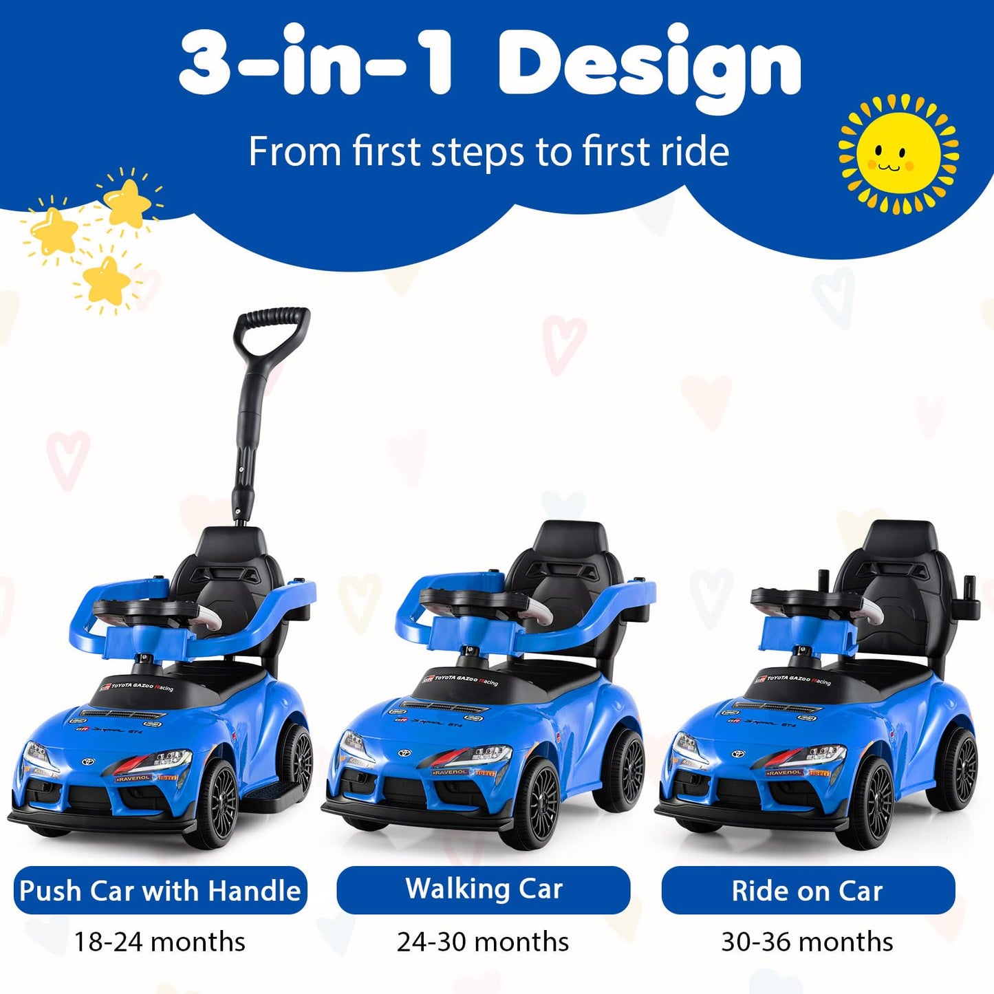 3 in 1 Ride on Push Car, Licensed Toyota Stroller Sliding Walking Car with Handle