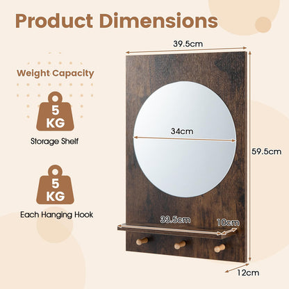 Wall Mirror with Storage Shelf, 3 Hanging Hooks