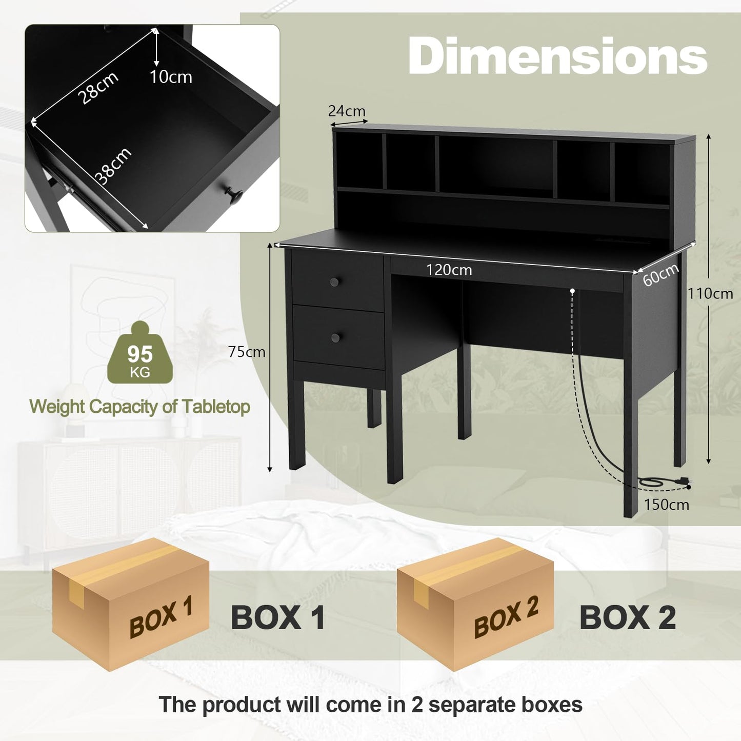 Computer Desk, 120CM Wooden Study Table Writing Workstation with Storage Shelves