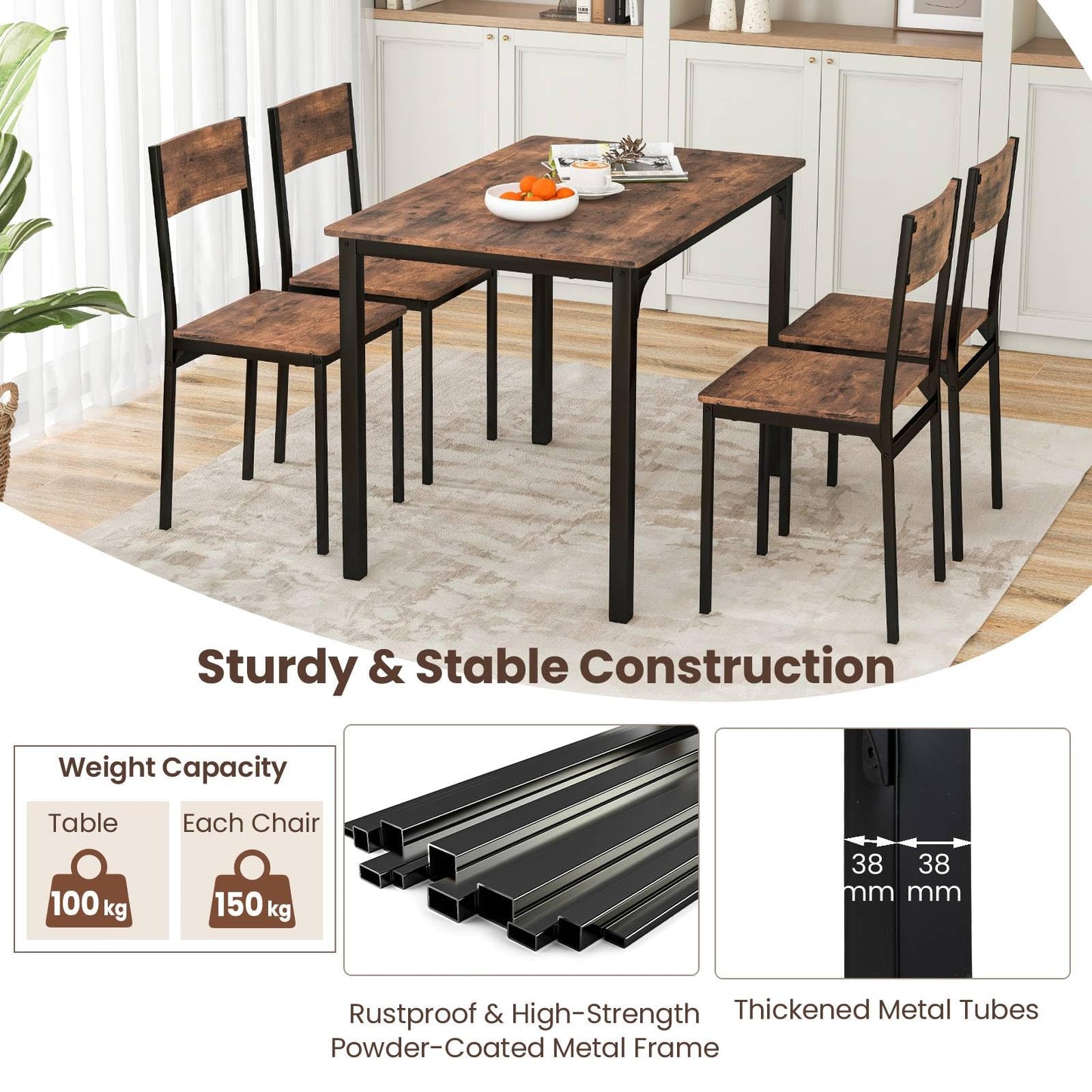GiantexUK 5 PCS Dining Table and Chairs Set, Rectangular Dining Room Set with Curved Backrest & Anti-Slip Foot Pads