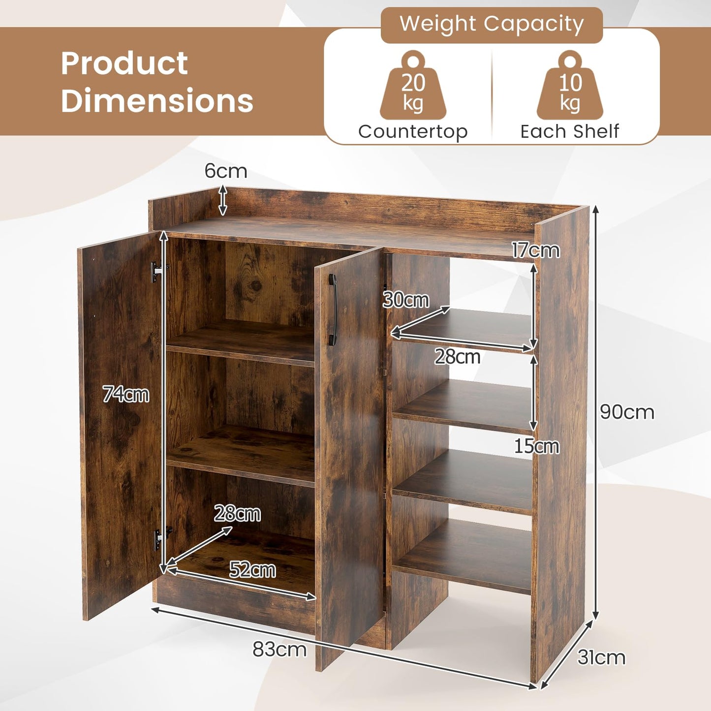 Shoe Storage Organizer with 2 Adjustable Inner Shelves and 4 Open Shelves