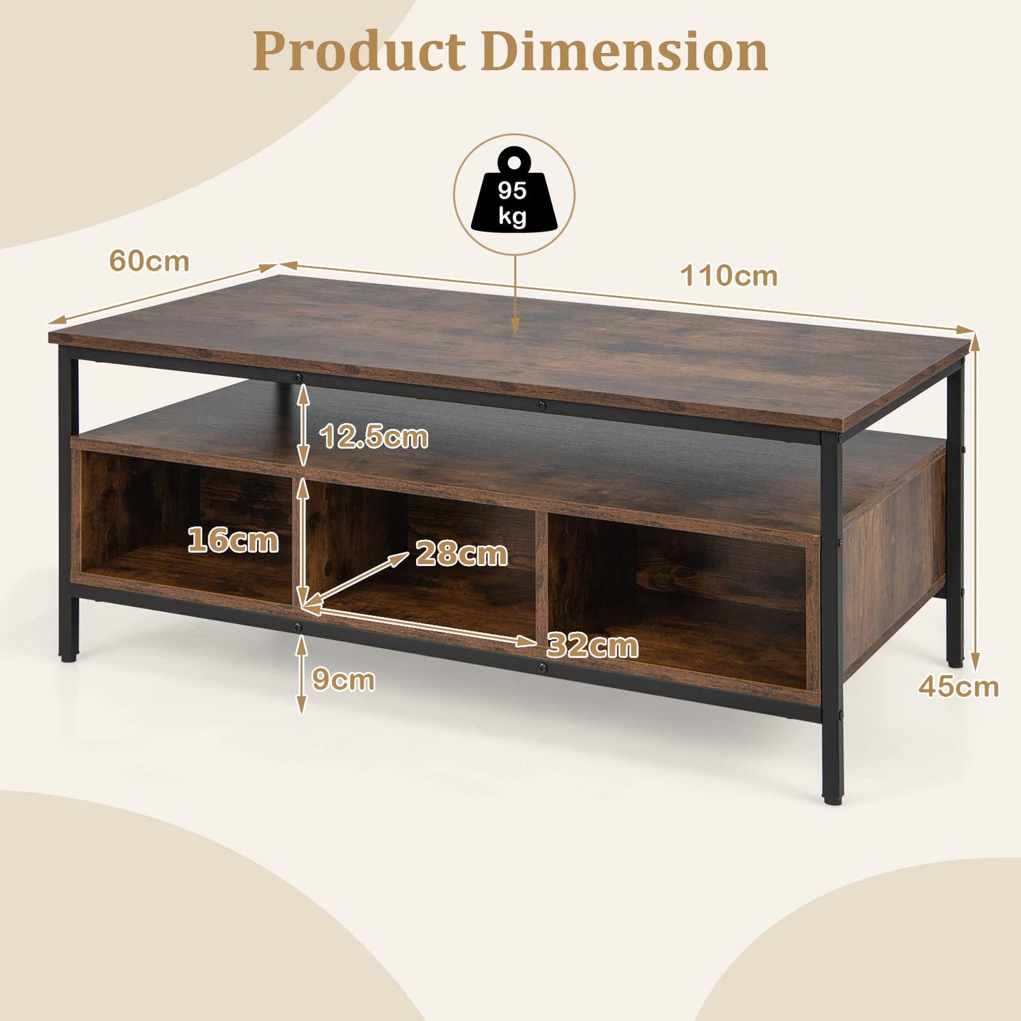 Wooden Cocktail Center Table with Storage Shelf