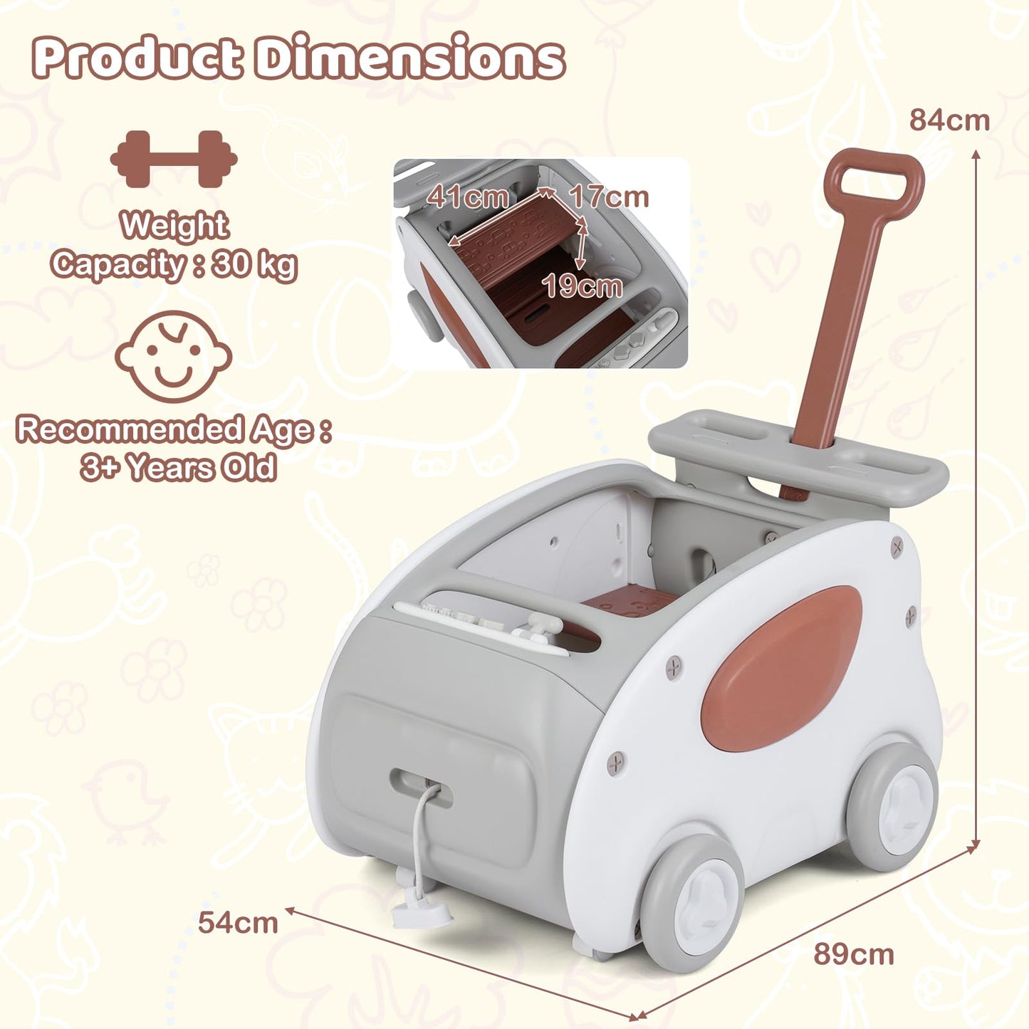 2 in 1 Toddler Toy Cart with Parent Handle