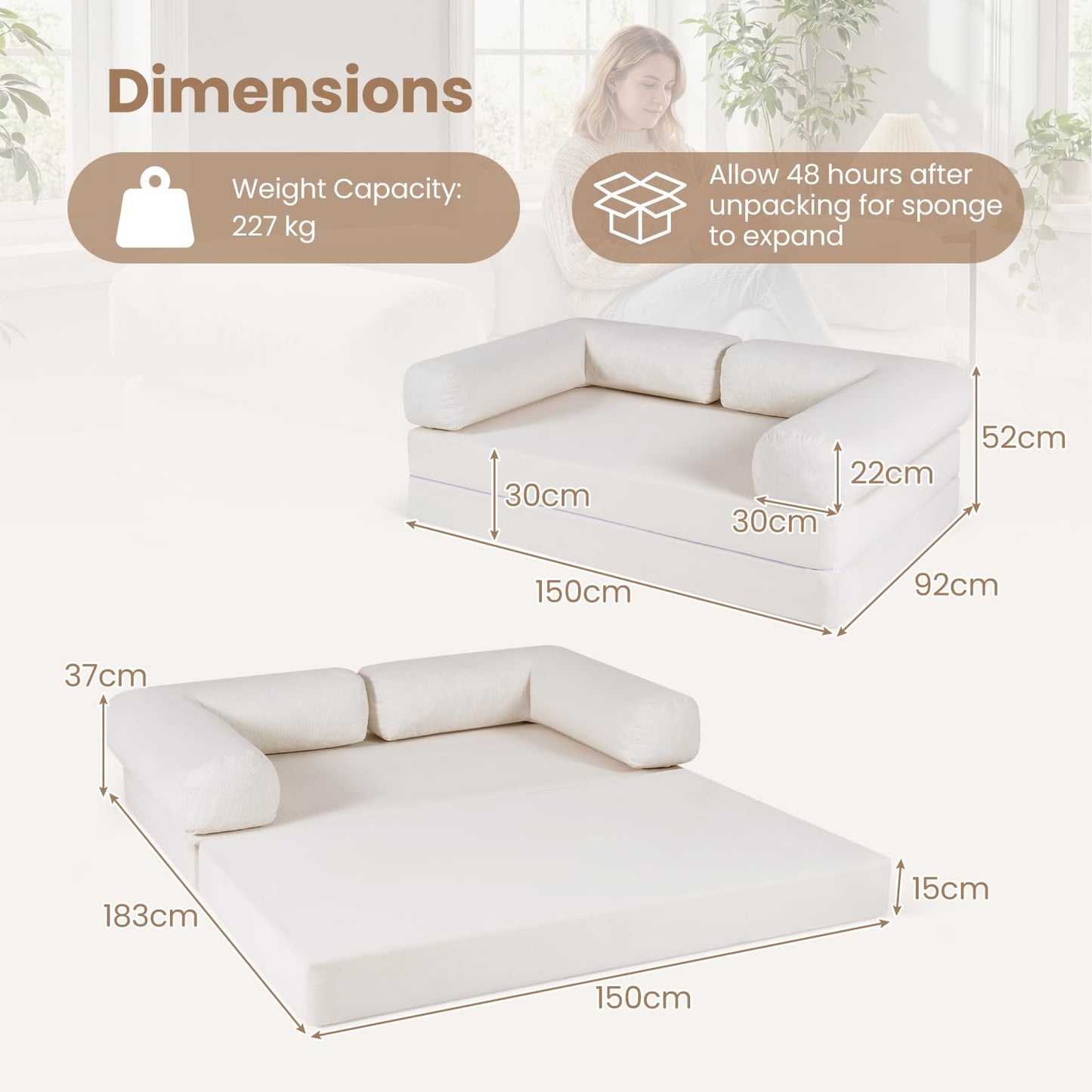 Folding Sofa Bed Double, 4-in-1 Convertible Sleeper Chair Futon Couch Bed