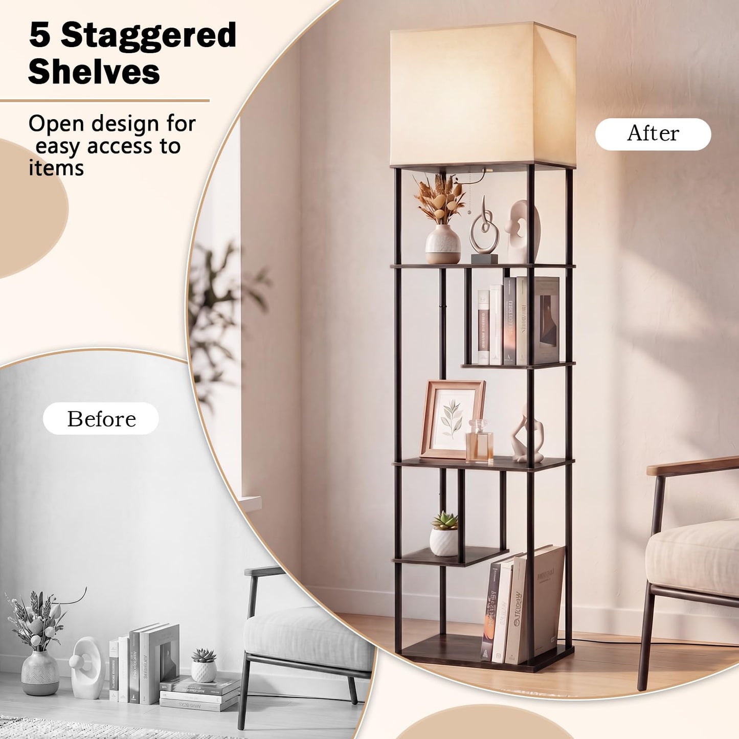 Floor Lamp with Shelves, 5-Tier Tall Standing Lamp with Linen Fabric Shade