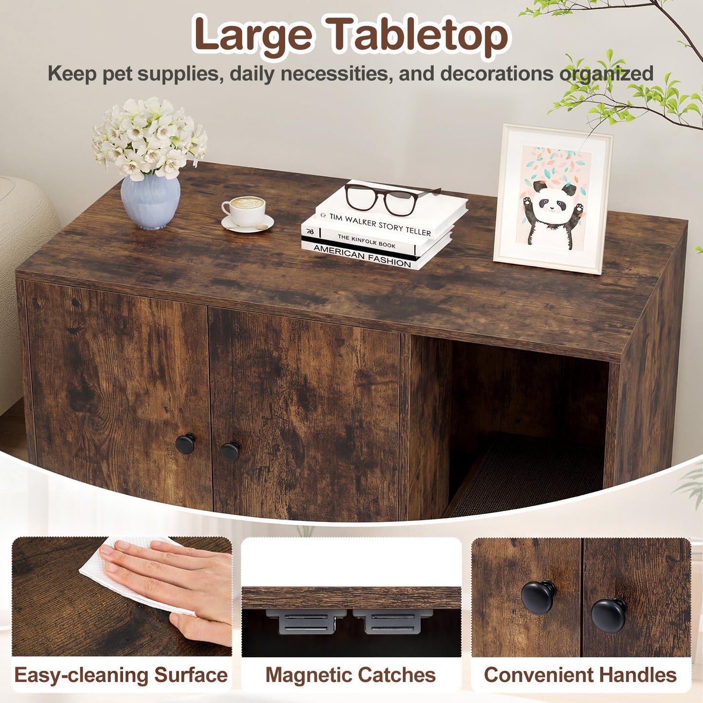 Wooden Cat Litter Box Enclosure Hidden Litter Box Furniture with Scratching Board