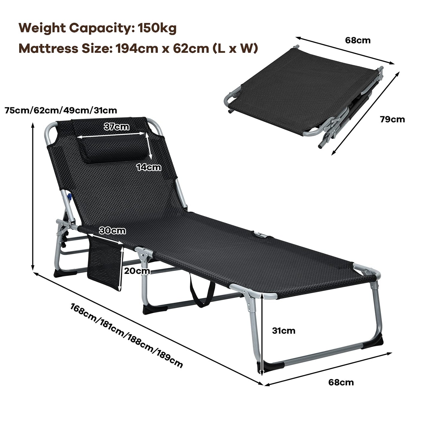 Adjustable Sun Lounger with Soft Mattress and Removable Pillow