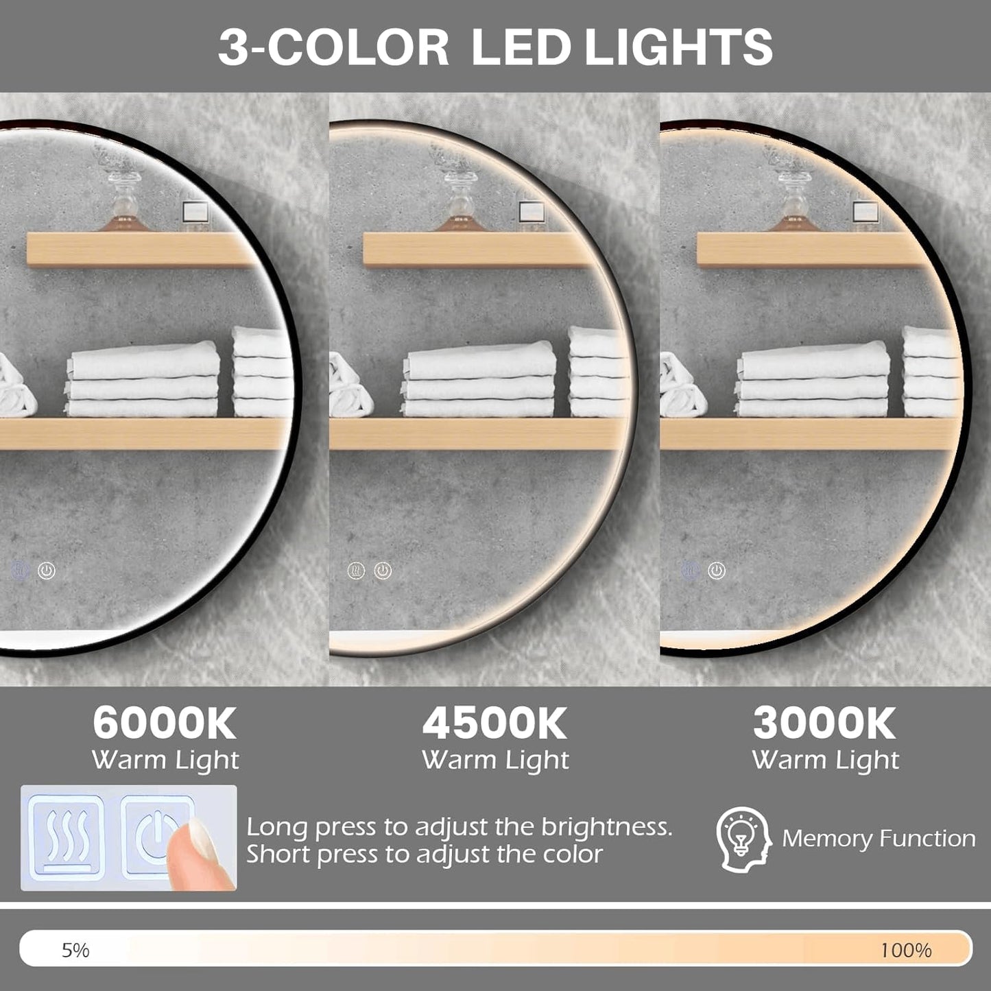 60 CM Round Bathroom Mirror with LED Lights and Anti-Fog Design