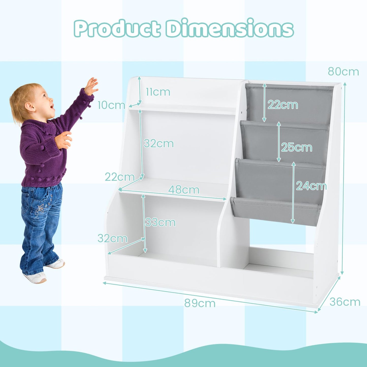 Kids Bookshelf 80 CM Wooden Toy Storage Organizer with 3 Tiers of Fabric Pockets