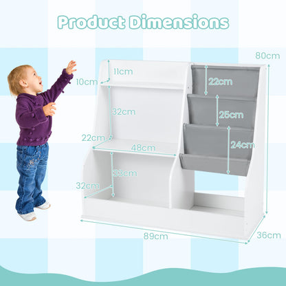 Kids Bookshelf 80 CM Wooden Toy Storage Organizer with 3 Tiers of Fabric Pockets