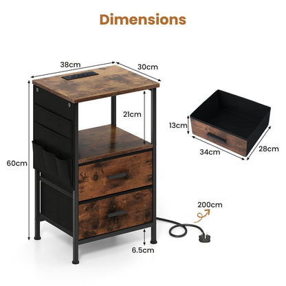 Set of 2 End Tables with Charging Station and 2 Folding Fabric Drawers