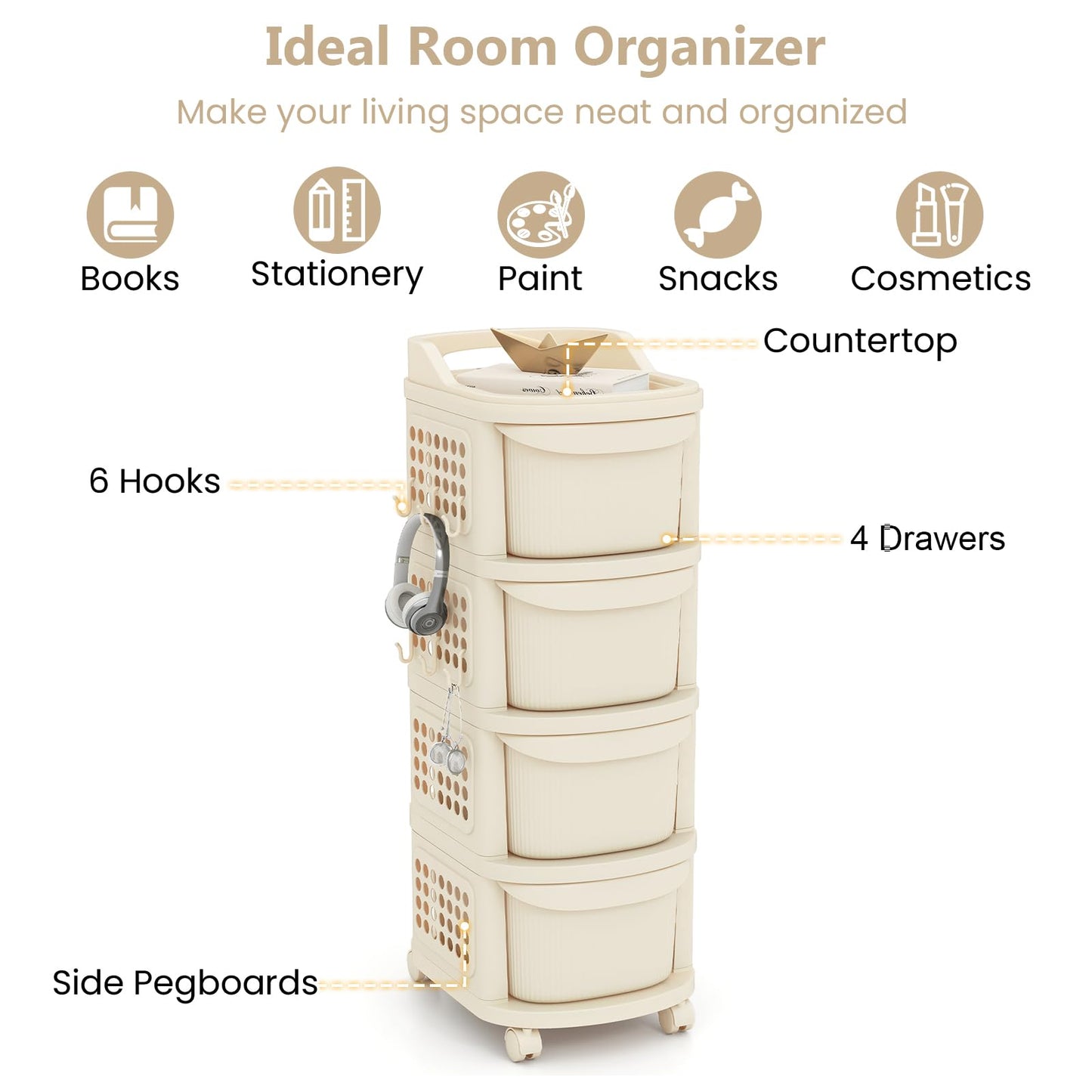 4-Drawer Rolling Plastic Utility Cart with 6 Hooks and Pegboard