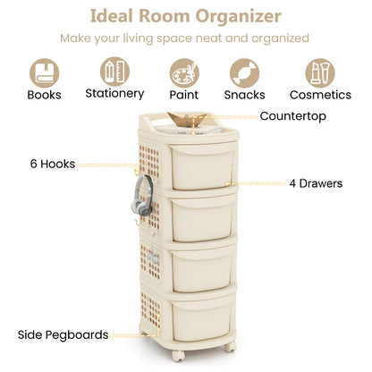 4-Drawer Rolling Plastic Utility Cart with 6 Hooks and Pegboard