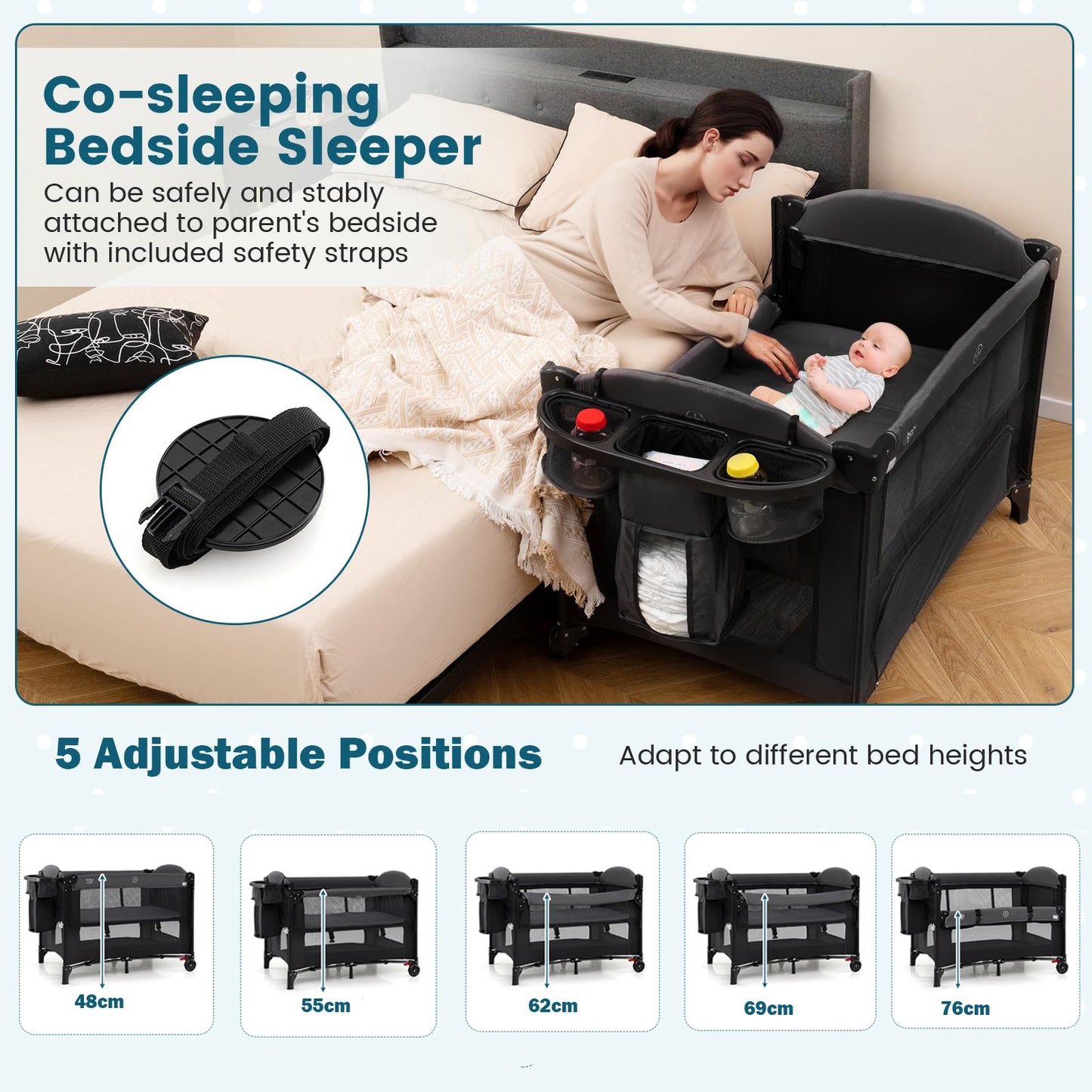 Foldable Pack and Play with 5 Adjustable Heights and Changing Table