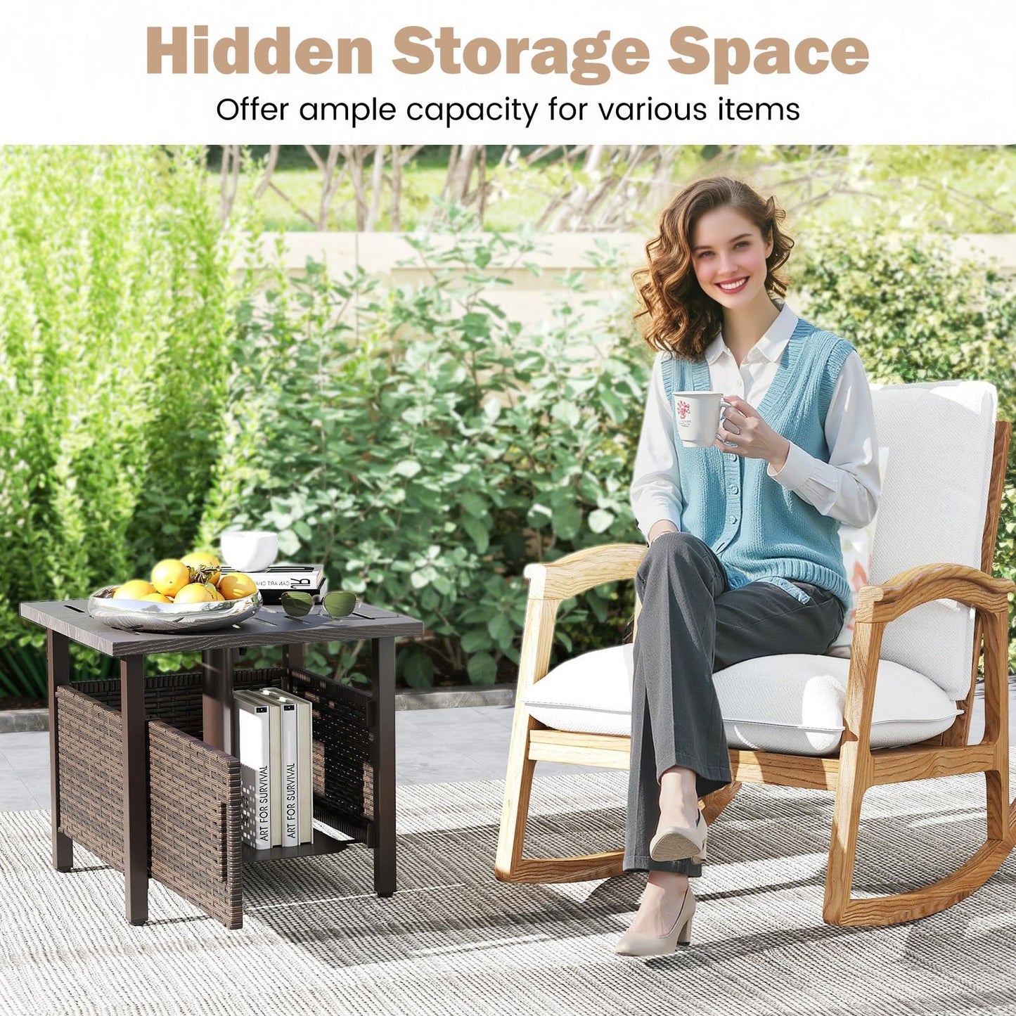 Outdoor Side Table with 2 Weighted Sand Bags and 4.9cm Umbrella Hole
