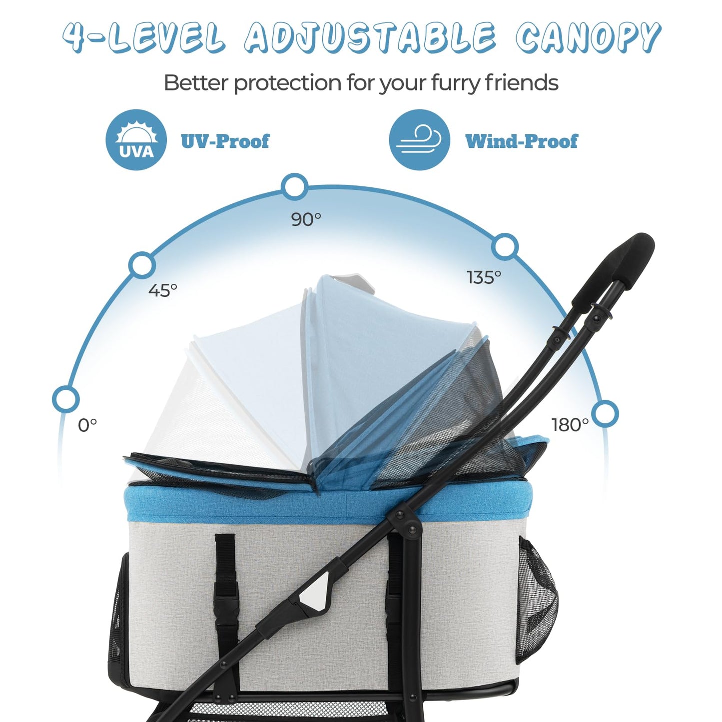 Foldable Pet Stroller with 4-Level Adjustable Canopy and Storage Basket