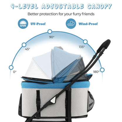 Foldable Pet Stroller with 4-Level Adjustable Canopy and Storage Basket