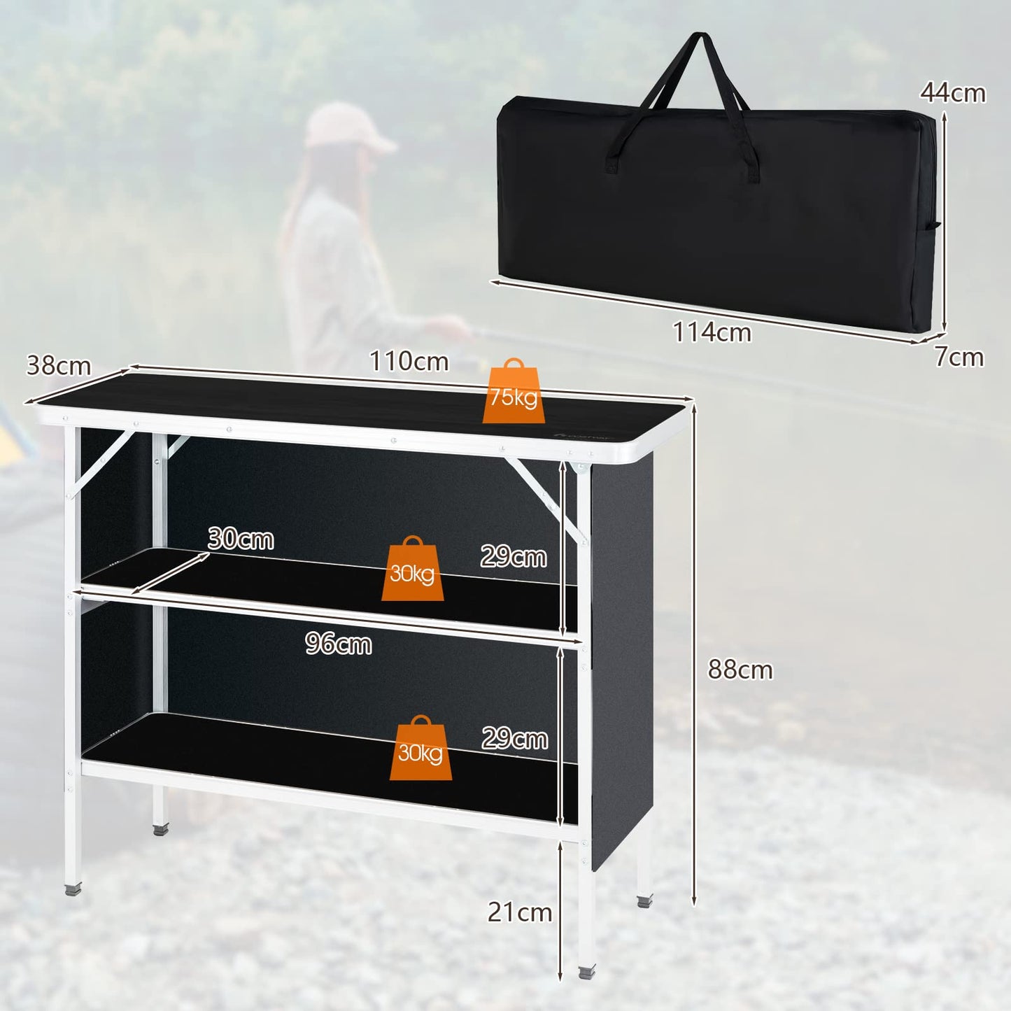 Aluminum Portable Picnic Table with 2 Tier Open Shelves