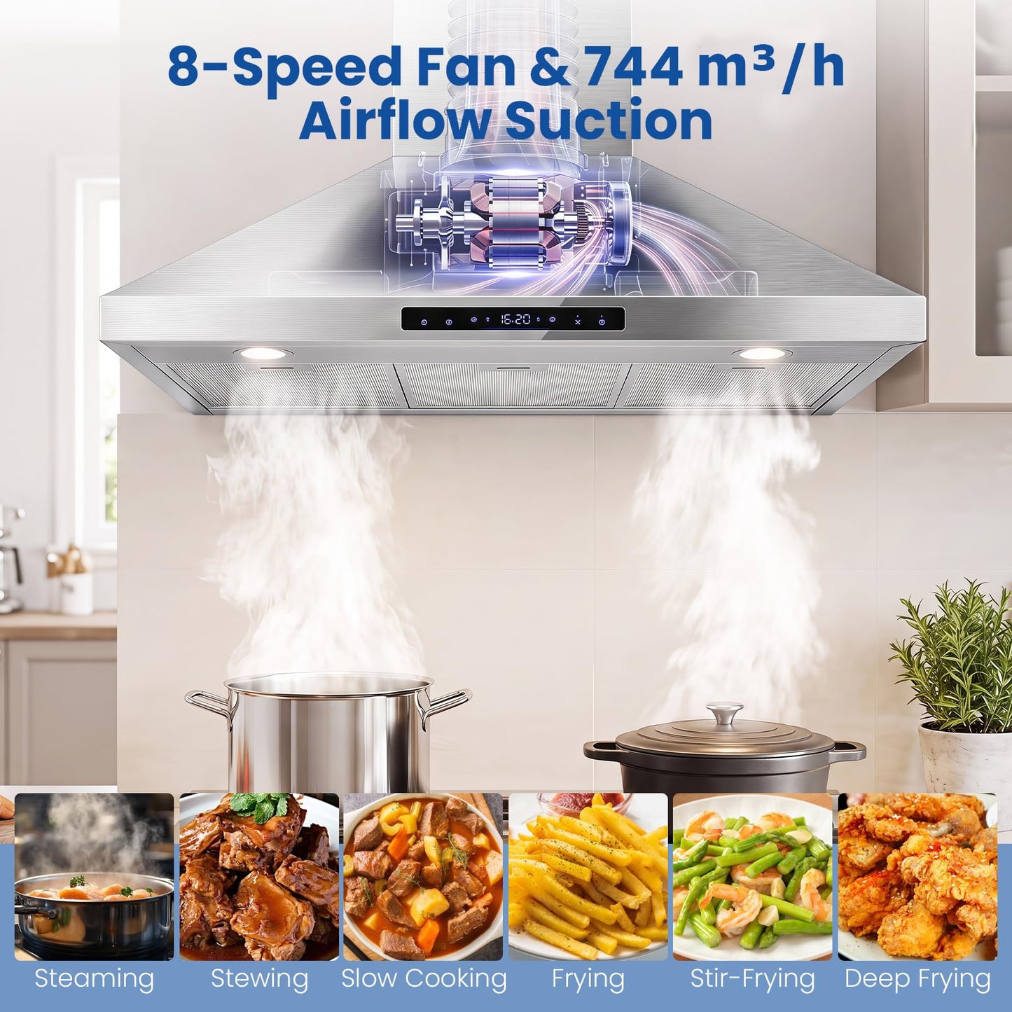 90cm Chimney Cooker Hood, 744 km/h, 8 Speed Fan, Gesture Control