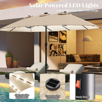 Double-Side Garden Parasol, Sun Shade Umbrella with Solar Powered LED Lights, Base & Crank System