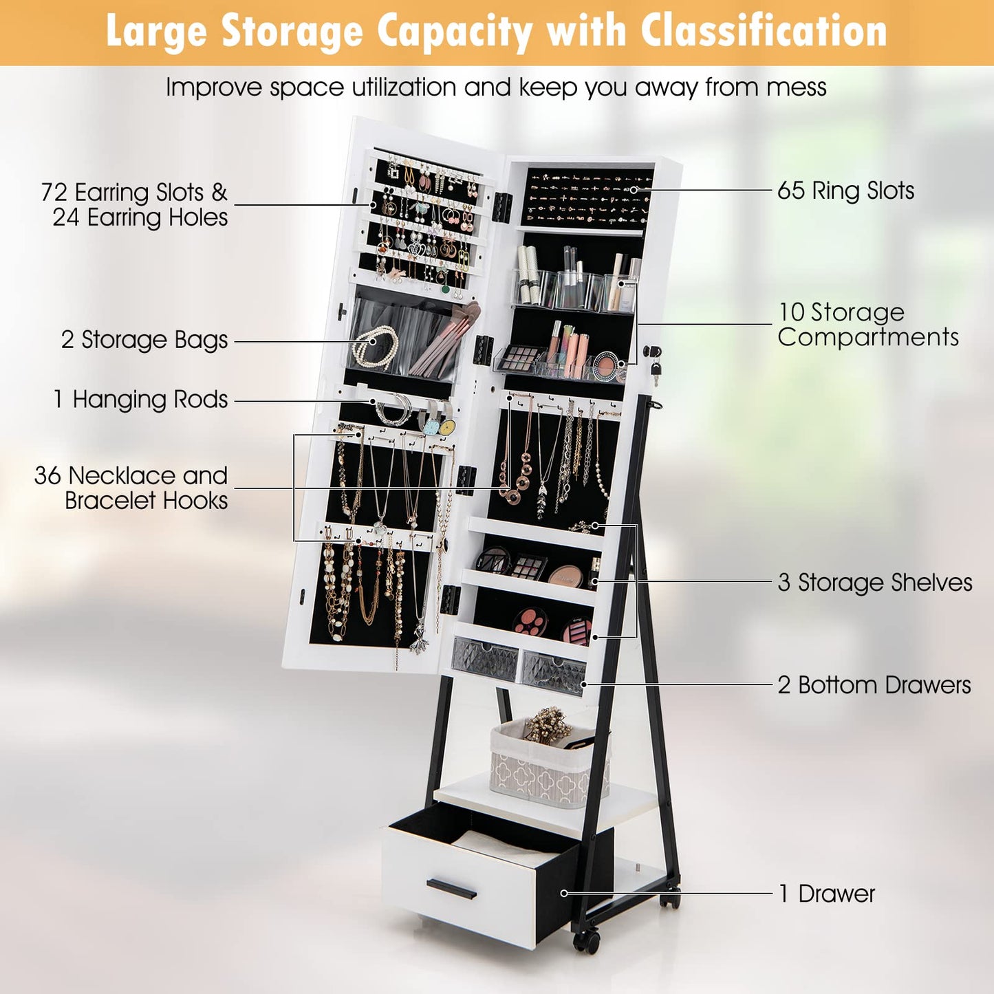 Mobile Standing Lockable Jewelry Cabinet with Full Length Mirror