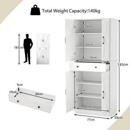 183cm Tall Kitchen Pantry with 4 Barn Doors and 3 Adjustable Shelves