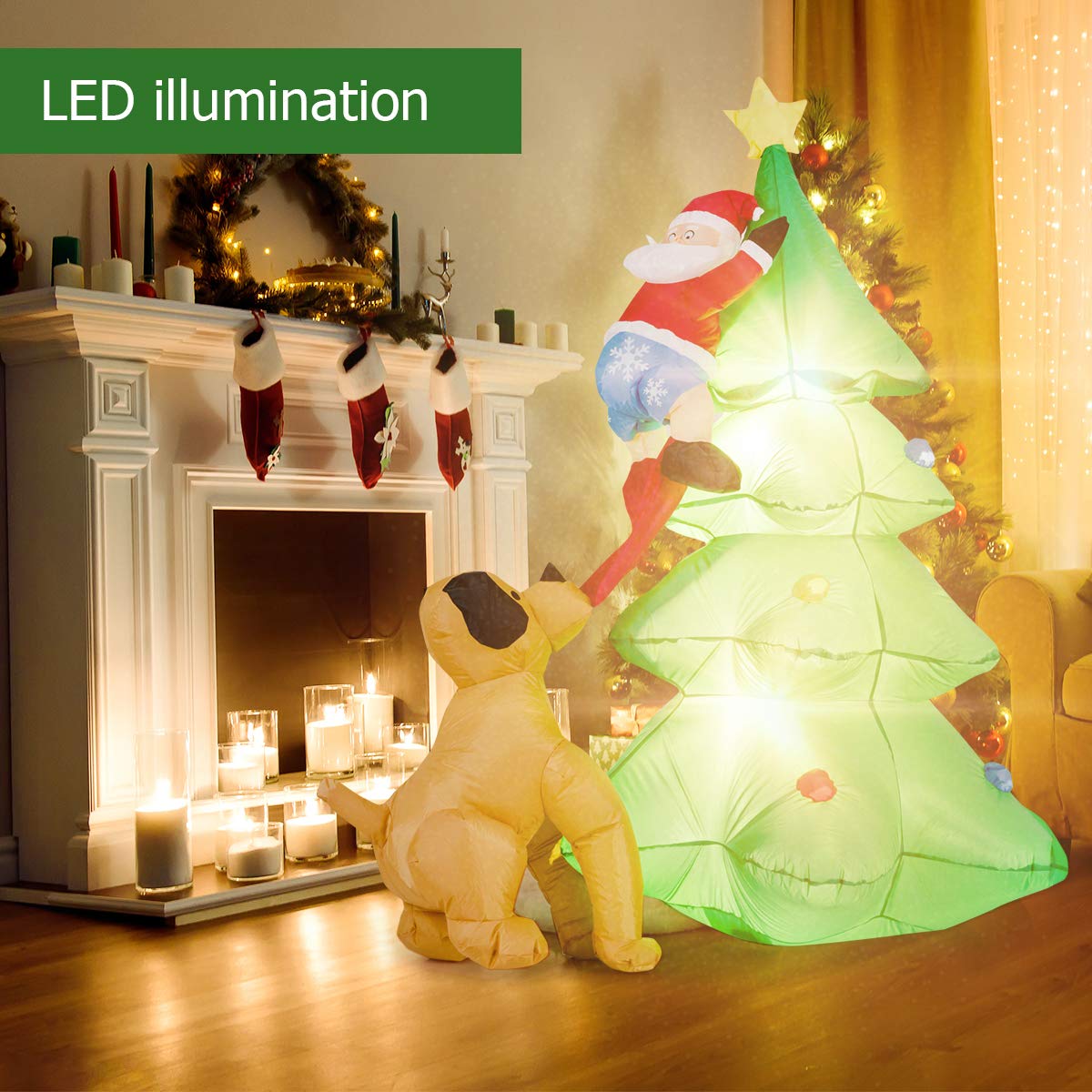 1.8m Inflatable Dog Chasing Santa to a Christmas Tree with LED Lights