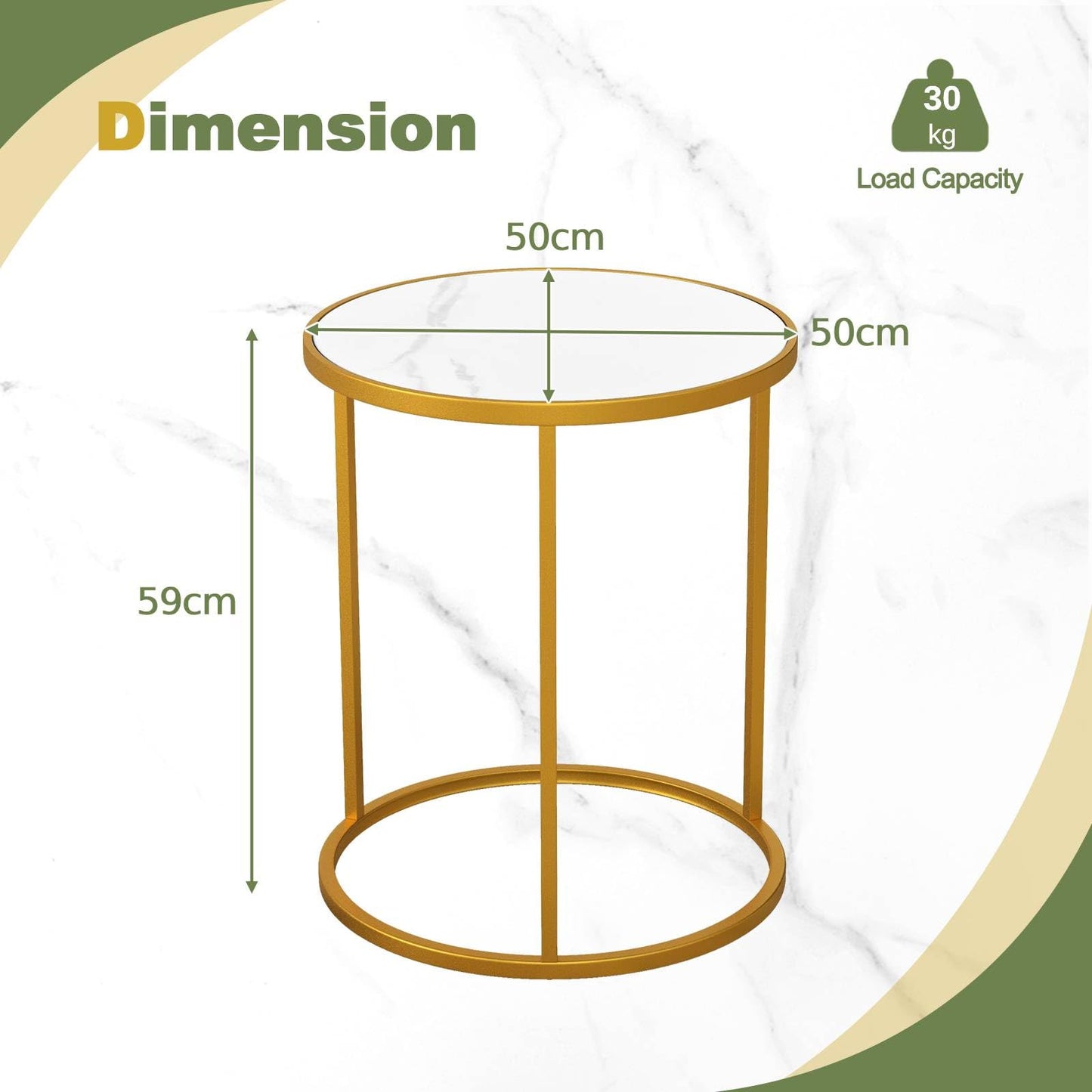 50x50x59cm Golden Metal Frame Marble Top Side Table with Anti-Slip Foot Pads