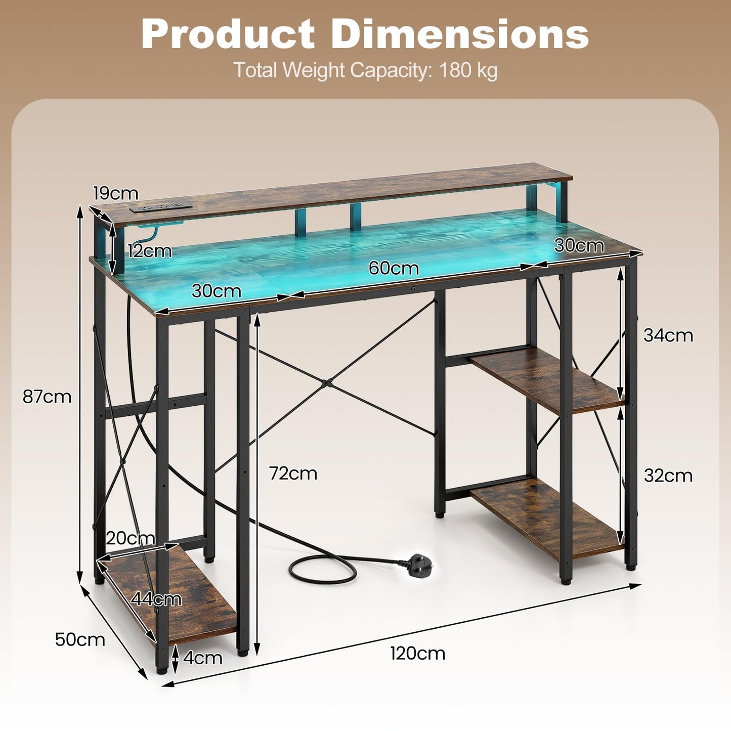 120 cm Computer Desk with Charging Station LED Lights and Storage Shelves
