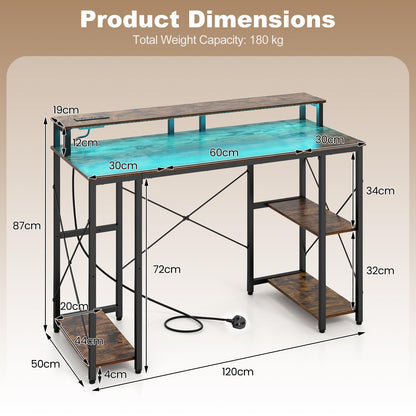 120 cm Computer Desk with Charging Station LED Lights and Storage Shelves