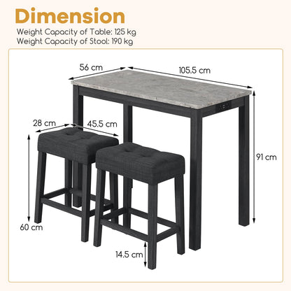 Bar Table Set with 2 Stools, 3 Pieces Breakfast Bar Set with Power Outlets
