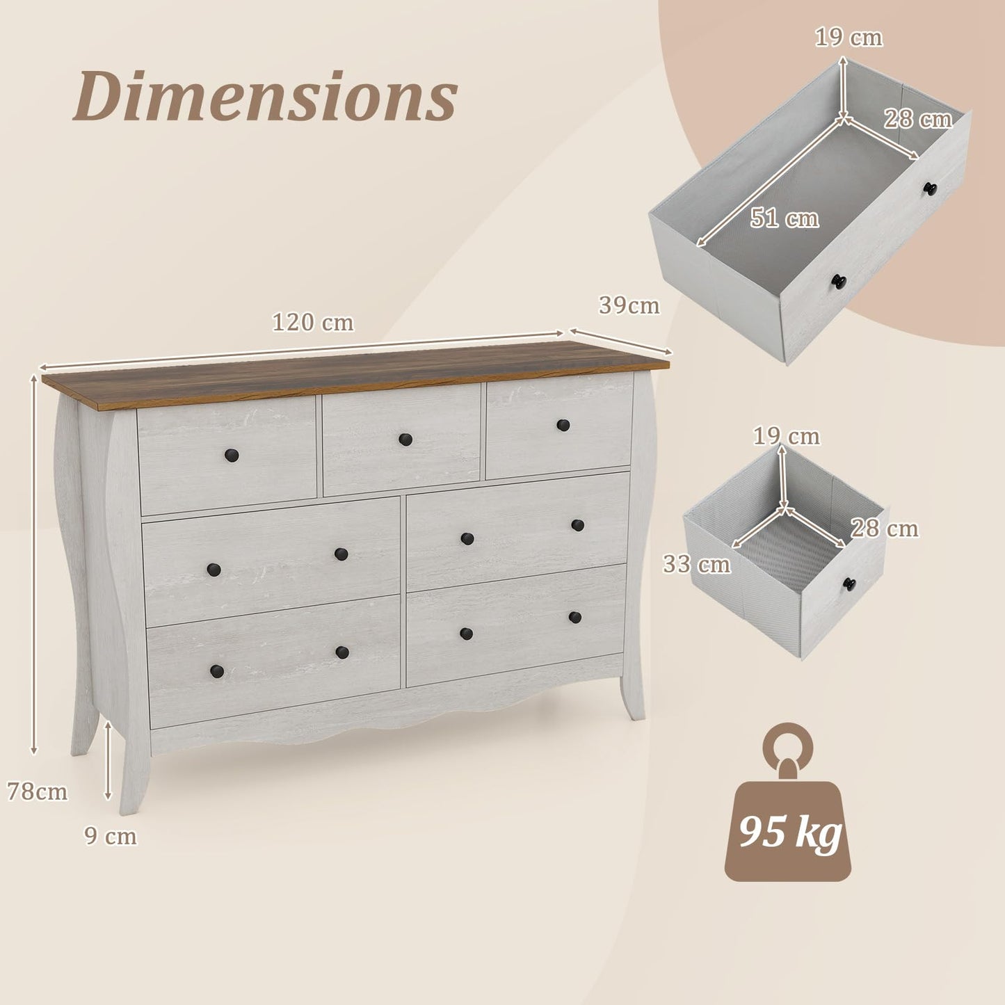 Farmhouse Dresser for Bedroom with 3 Folding Fabric Drawers
