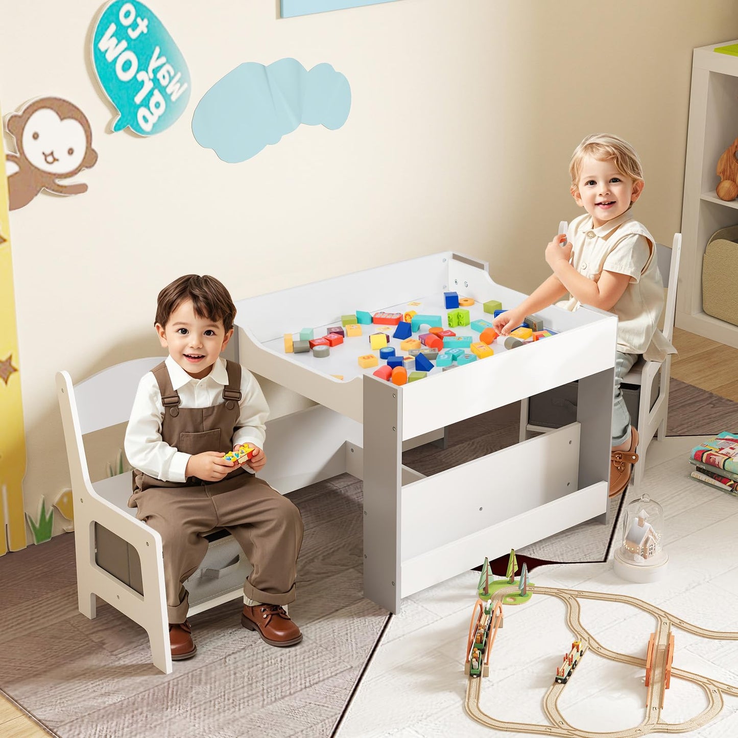 4 in 1 Kids Table and Chairs Set with Reversible Tabletop and Bookshelves