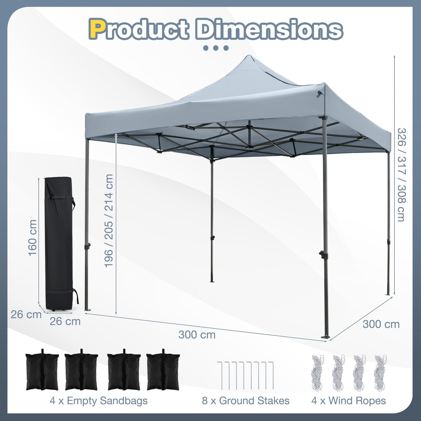 3m x 3m Pop up Canopy Tent, Height Adjustable Easy Setup Gazebo Shelter with Wheeled Bag