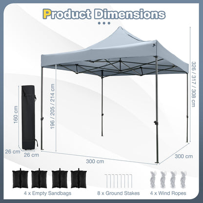3m x 3m Pop up Canopy Tent, Height Adjustable Easy Setup Gazebo Shelter with Wheeled Bag