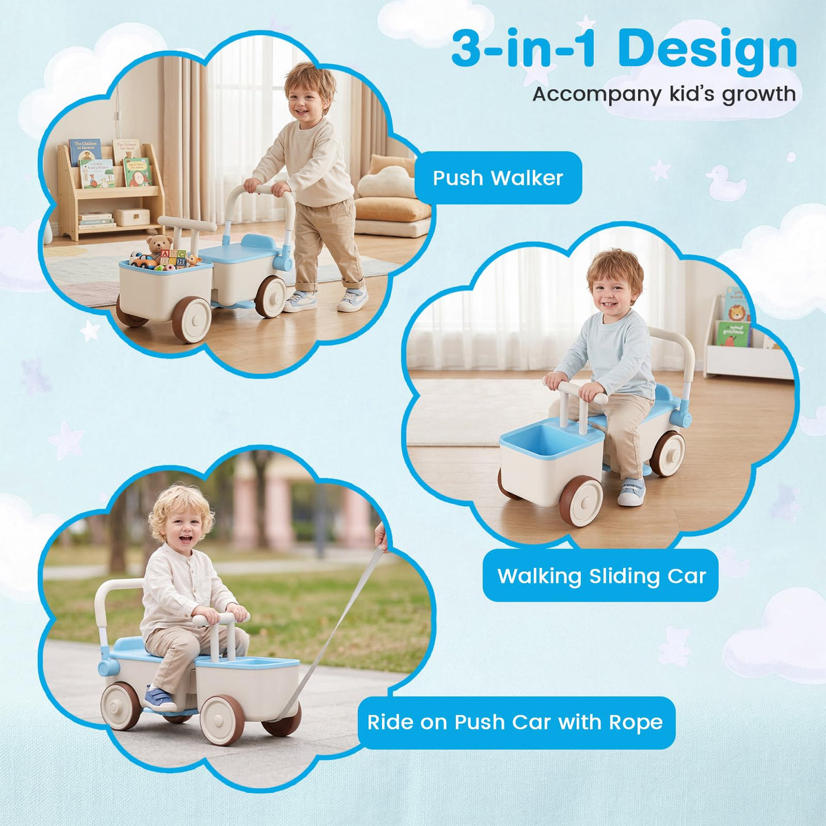 3-in-1 Kids Ride On Push Car with Foldable Push Handle and Storage Basket