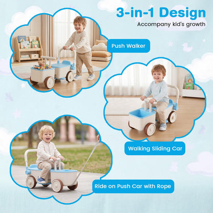 3-in-1 Kids Ride On Push Car with Foldable Push Handle and Storage Basket