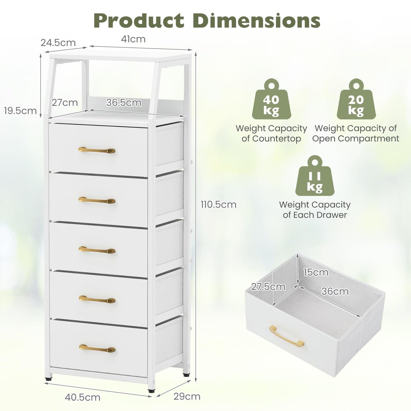 5-Drawer Storage Cabinet with Detachable Foldable Fabric Drawers and Anti-Tipping Kits