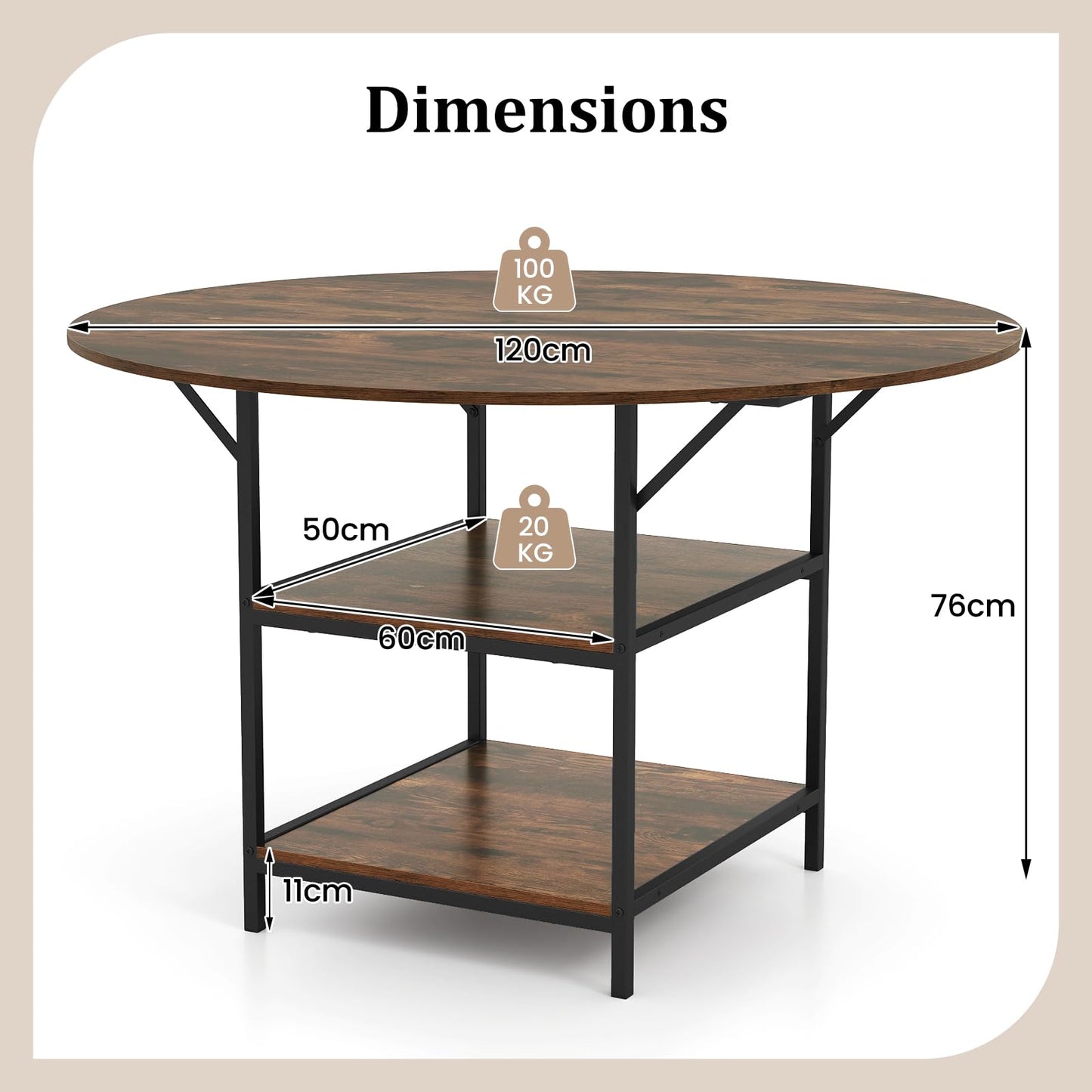 Dining Table for 4-6 People, Round Wooden Kitchen Tables with Storage Shelves