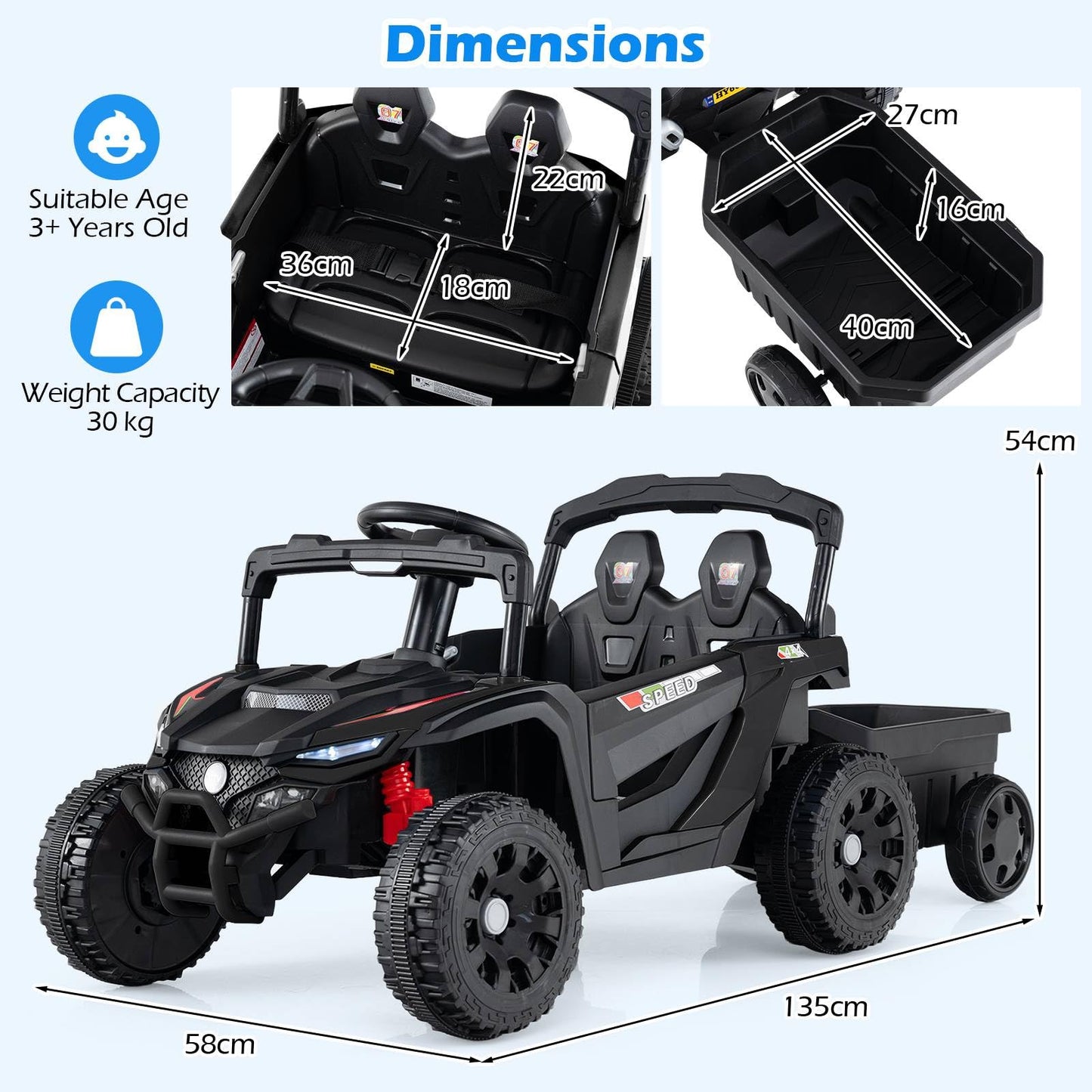 12V Battery Powered Ride On Kids Tractor with Detachable Trailer