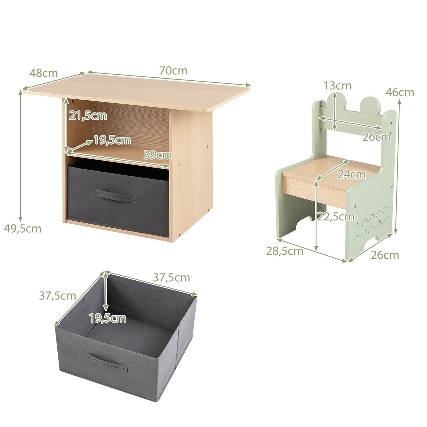 Kids Table and Chairs Set Wooden Toddler Activity Table Set with 2 Open Compartments