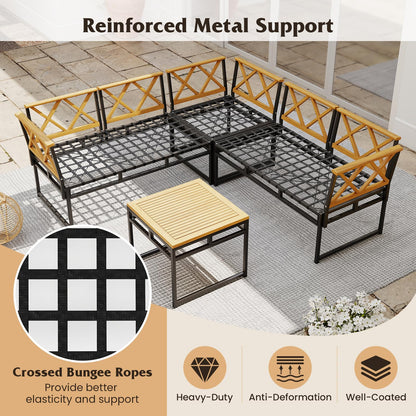 4 Piece Patio L-Shaped Sofa Set Acacia Wood Metal Sectional Sofa Set