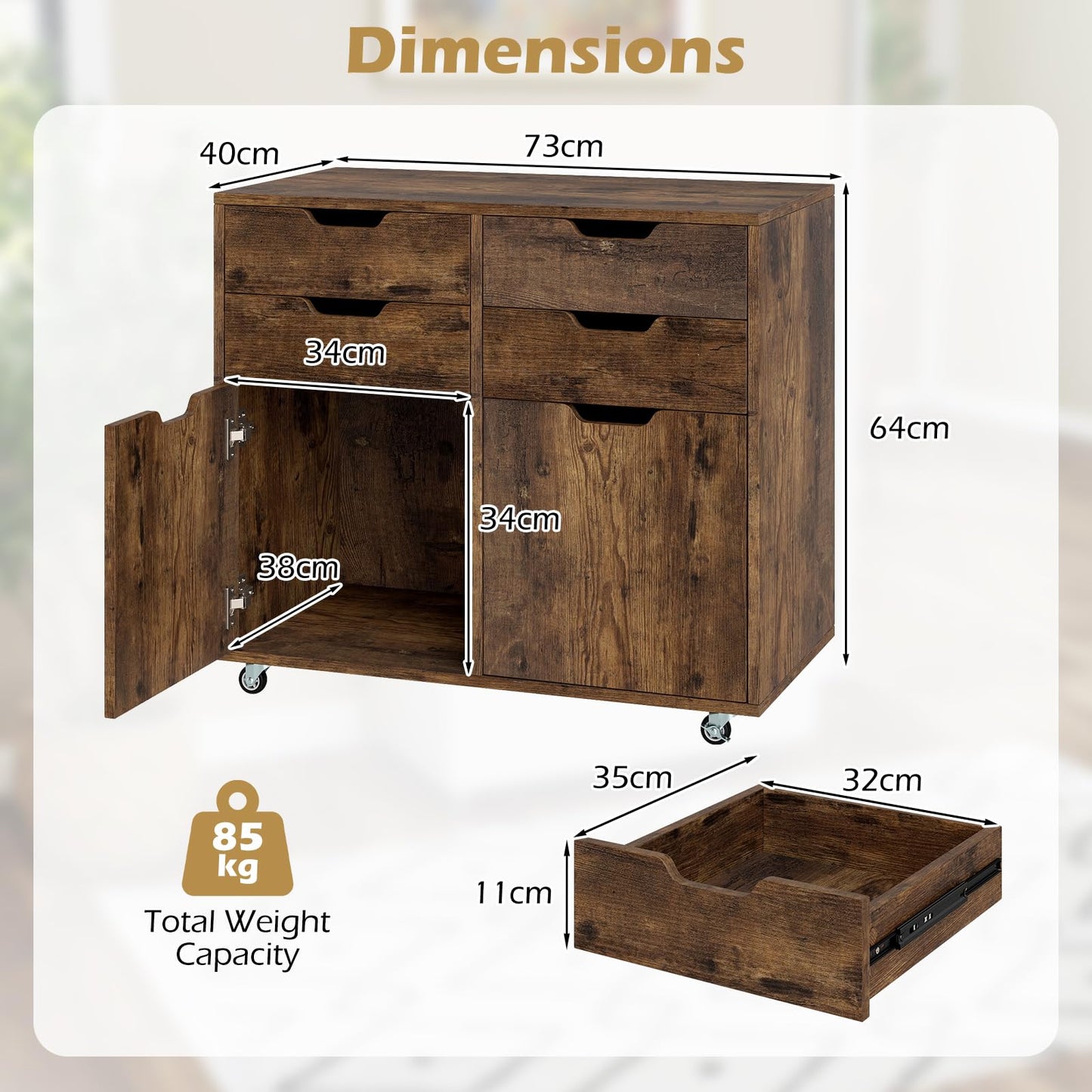 4 Drawer Dresser Chest with Doors and Universal Wheels