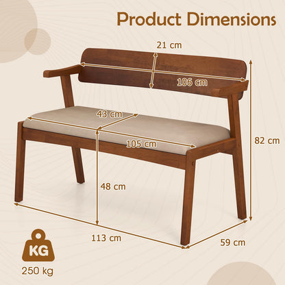 2 Seat Rubber Wood Bench with Padded Seat and Ergonomic Backrest