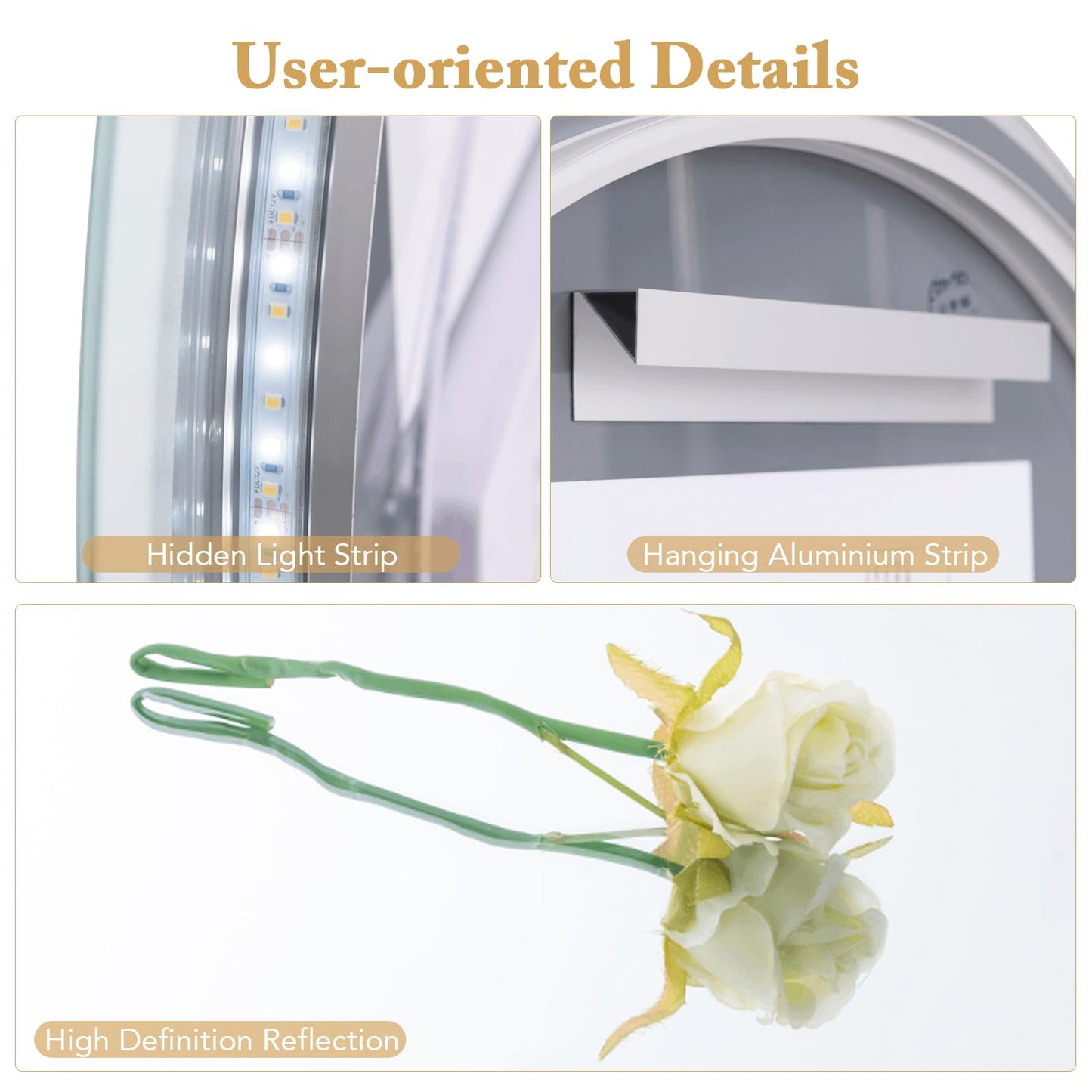 Half Circle LED Bathroom Mirror with Touch Switch and 3-Color Lights