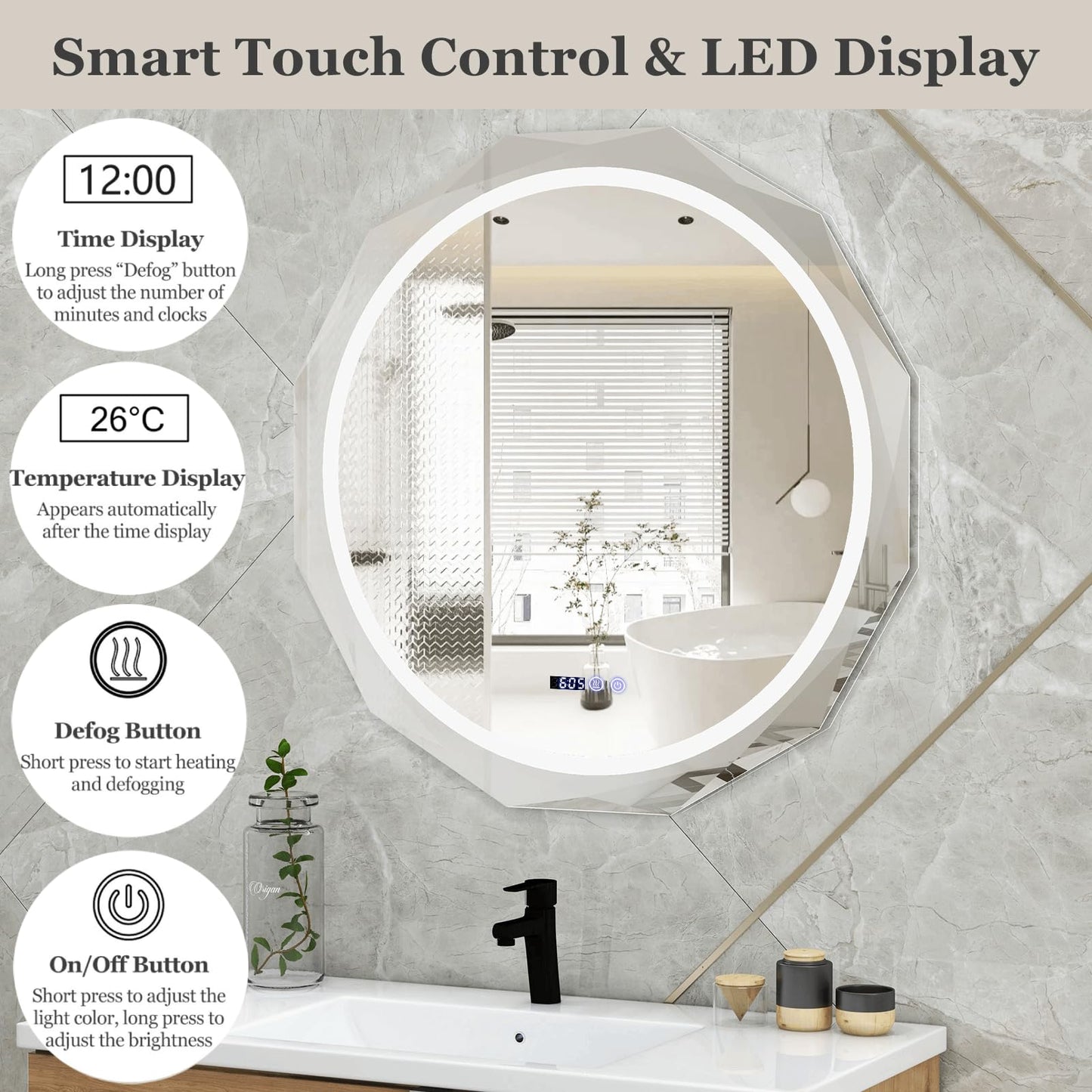 Wall Mounted Mirror with Dimmable 3-Color Lights and Memory Function