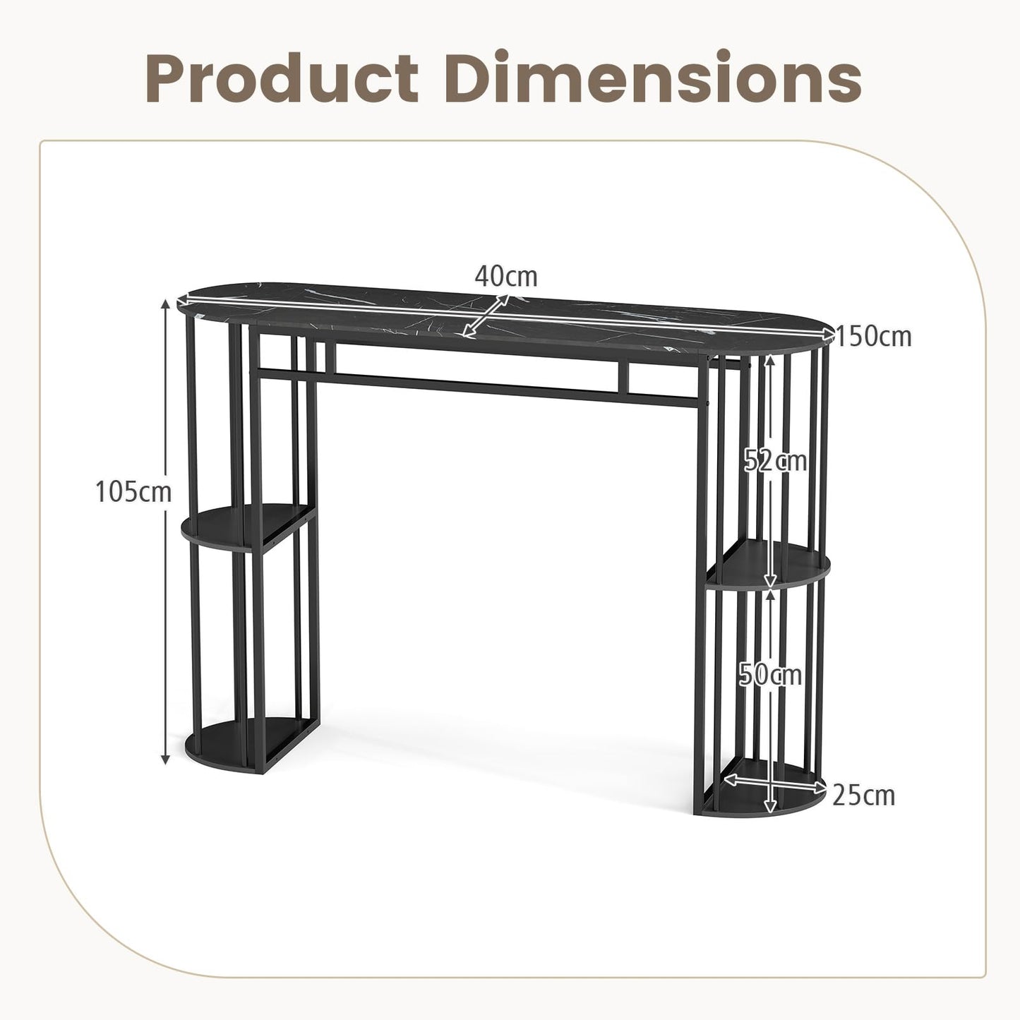 150cm Bar Table with Faux Marble Top & Side Shelves